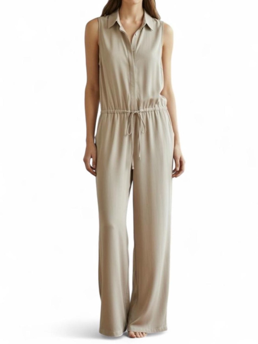 Saks Fifth Avenue Taupe Jumpsuit | Sleeveless Wide-Leg Luxe Minimalist | SZ M